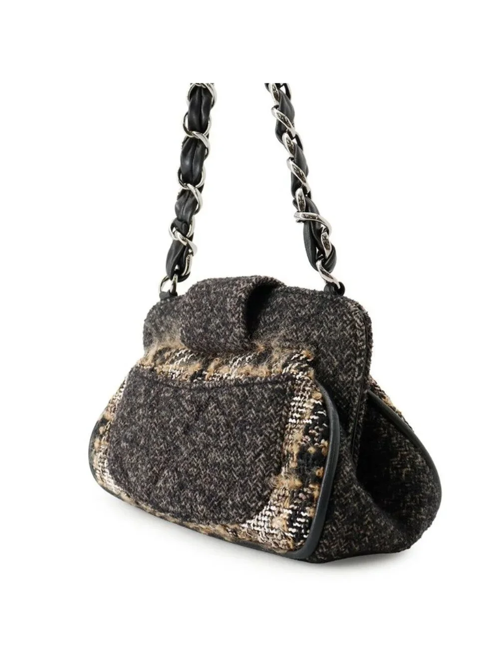 Chanel Shoulder Bag CC Logo Quilted Tweed Black